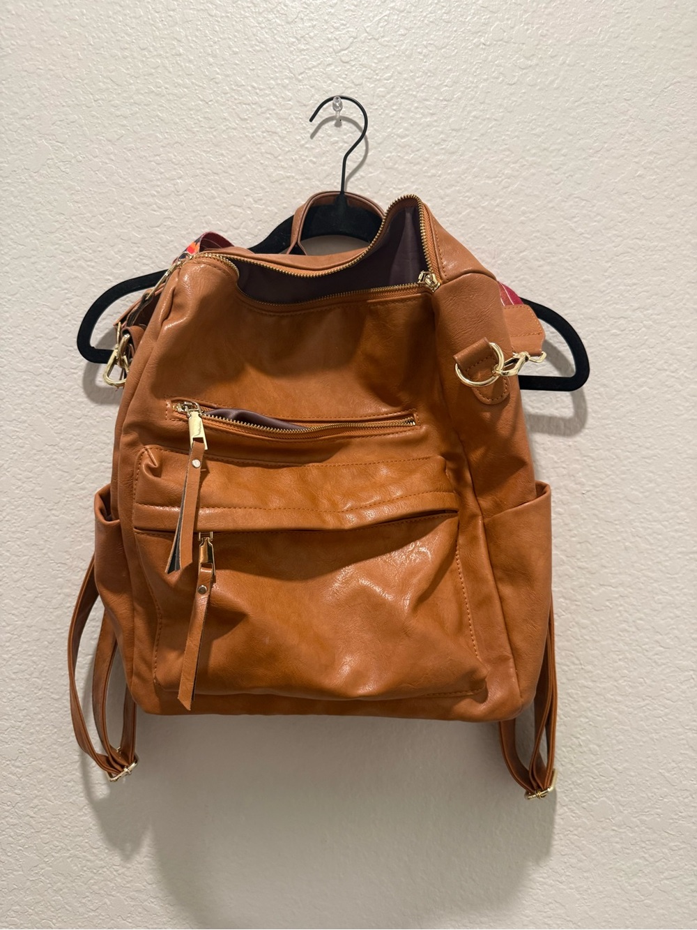 Leather-Style Convertible Backpack Tote in Cognac Brown